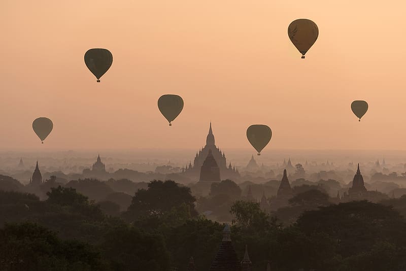 Landscape, Horizon, Fog, Vehicles, Hot Air Balloon, Bagan, HD wallpaper