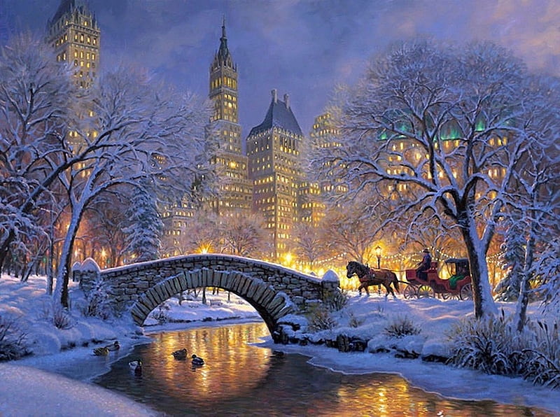 Winter night in central park, pretty, colorful, new york, holidays, ducks, bonito, lights, city, central park, bridge, painting, river, ny, night, lovely, horse, snow, HD wallpaper