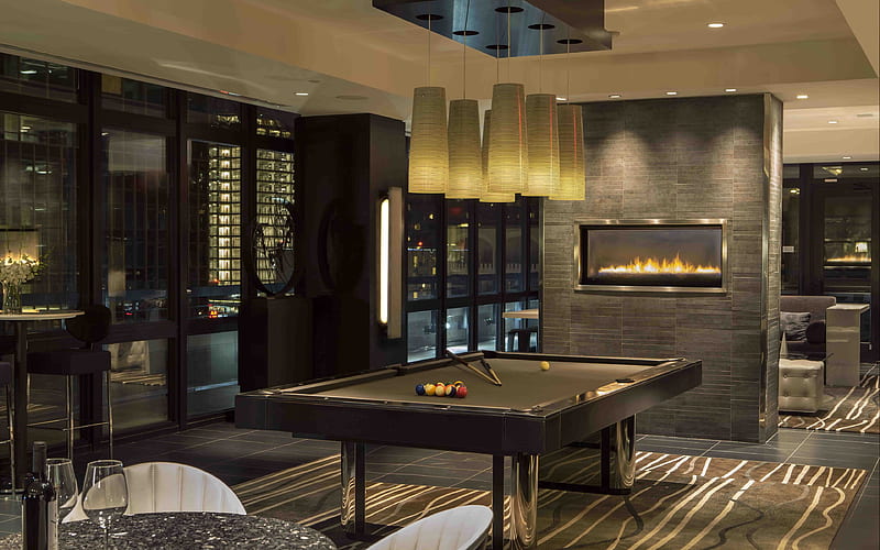 billiard room stylish interior, Furniture, brown room, modern design, interior idea, HD wallpaper