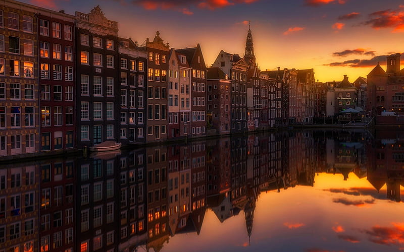 Amsterdam, sunset, canals, street, evening city, Netherlands, Holland, Europe, HD wallpaper