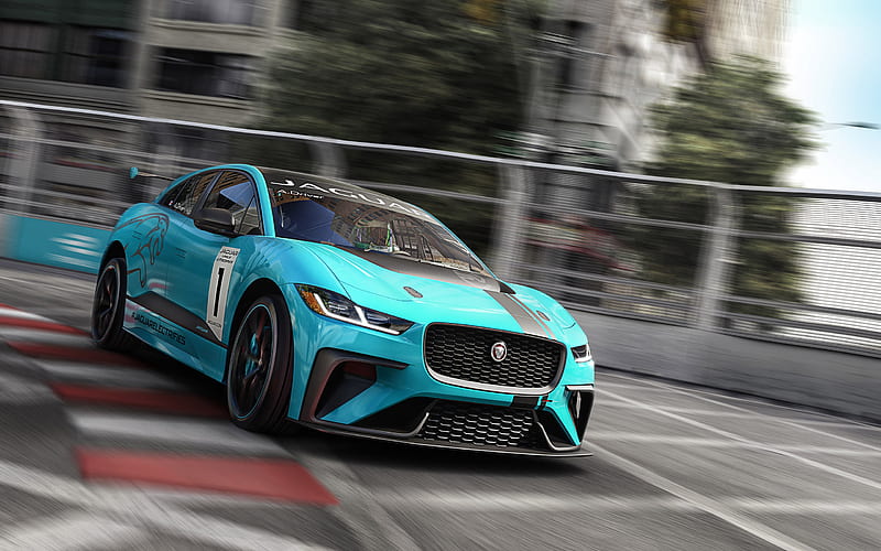 Jaguar I-Pace, eTrophy Racecar, 2018, tuning I-Pace, racing track, turquoise Jaguar, HD wallpaper