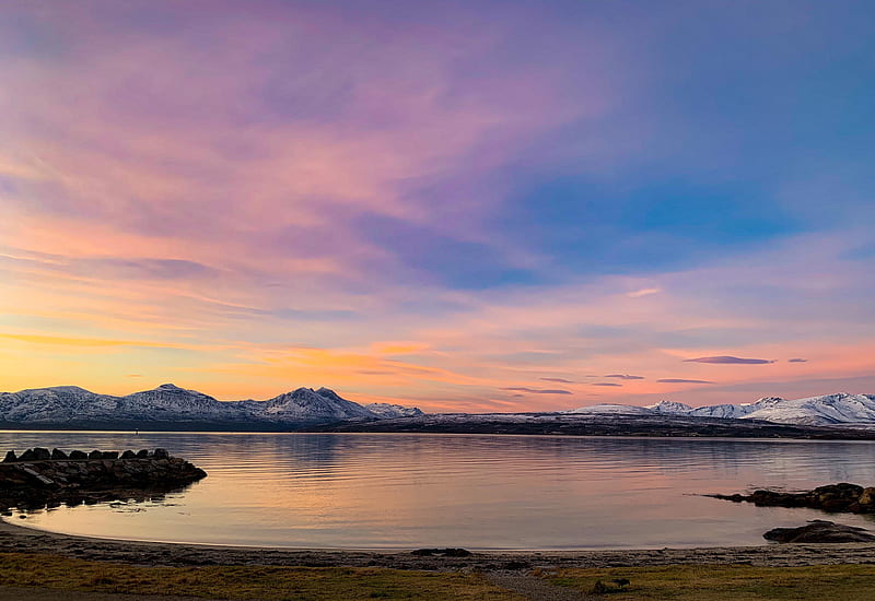 Early November morning at Telegrafbukta, TROMSOE, Norway, reflections, mountains, water, sunrise, clouds, sky, HD wallpaper