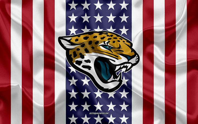 Jacksonville Jaguars logo, emblem, silk texture, American flag, American football club, NFL, Jacksonville, Florida, USA, National Football League, american football, silk flag, HD wallpaper