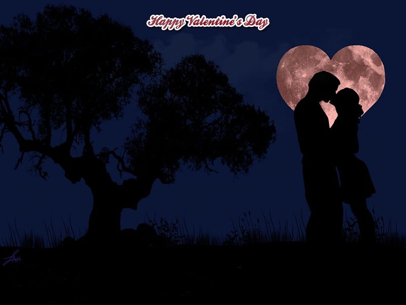 Valentine's moon, silhouette, kiss, tree, moon, love, Valentine, couple, blue, night, HD wallpaper