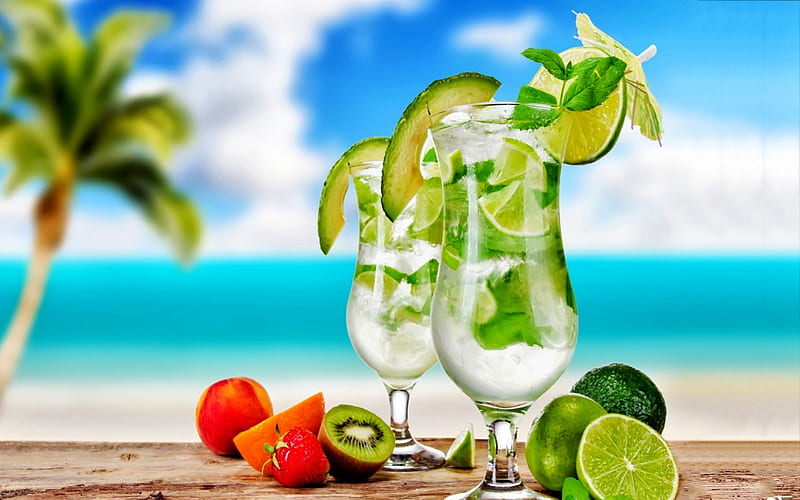Mojito Cocktail Drink, Water, Fruit, Sand, Palm, Drinks, beach, Cocktail, graphy, HD wallpaper
