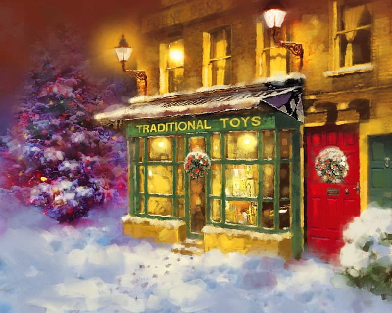 Christmas time, shop, pretty, bonito, lights, painting, evening, night, art, lovely, time, christmas, trees, mood, winter, market, spirit, snow, HD wallpaper