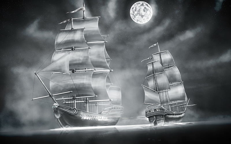 Moonshine Sailing, Moon, Black And White, Clouds, Sailships, Sea, Hd 