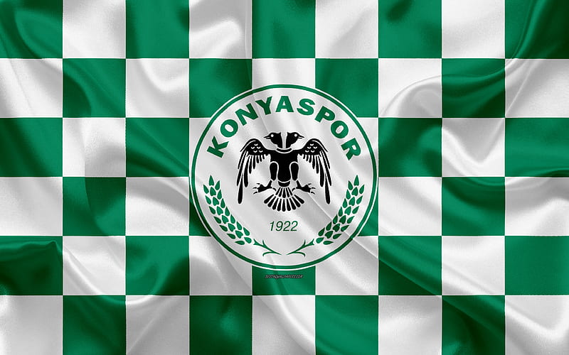 Konyaspor FC logo, creative art, green white checkered flag, Turkish football club, emblem, silk texture, Konya, Turkey, HD wallpaper