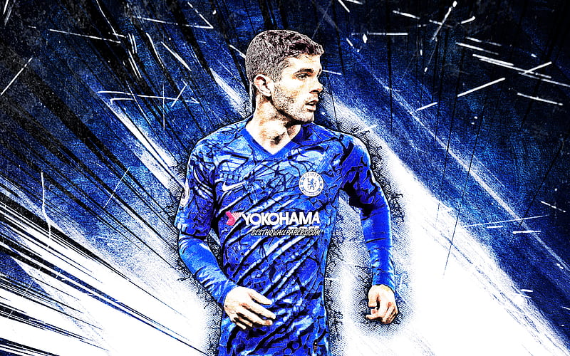 Christian Pulisic, blue abstract rays, Chelsea FC, american footballers, soccer, England, Christian Mate Pulisic, Premier League, grunge art, Christian Pulisic , Christian Pulisic Chelsea, HD wallpaper