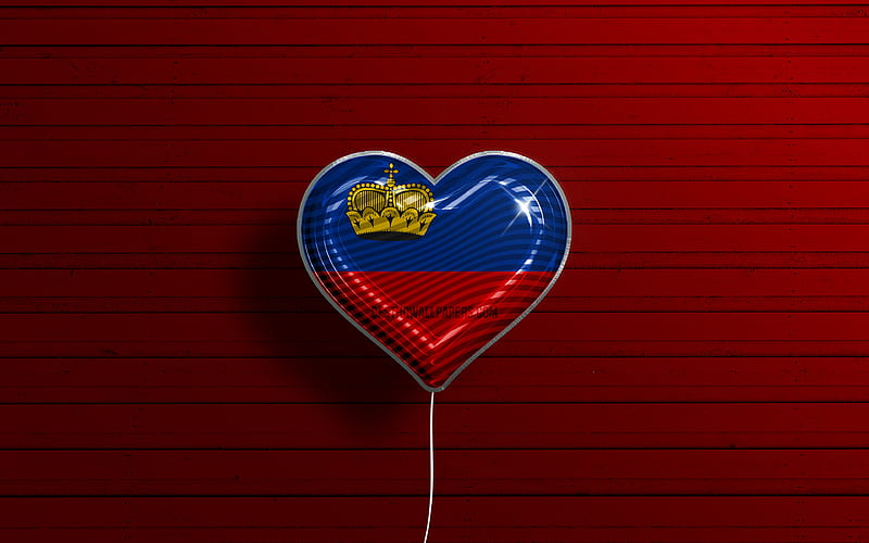 I Love Liechtenstein realistic balloons, red wooden background, Liechtenstein flag heart, Europe, favorite countries, flag of Liechtenstein, balloon with flag, Liechtenstein, Love Liechtenstein, HD wallpaper