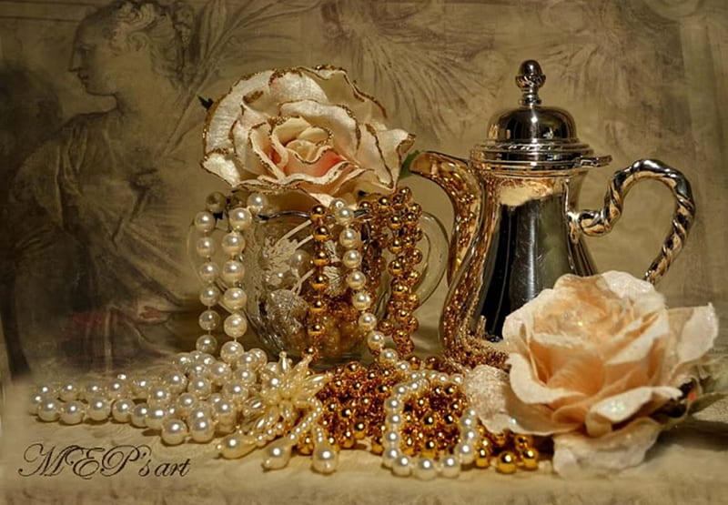 Pearls And Roses Beauty Still Life Pearls Roses Hd Wallpaper Peakpx