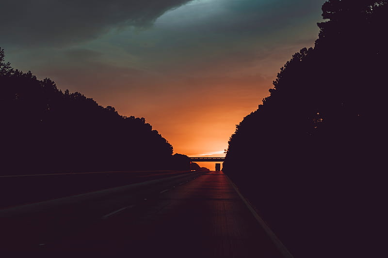 road, sunset, movement, clouds, twilight, HD wallpaper