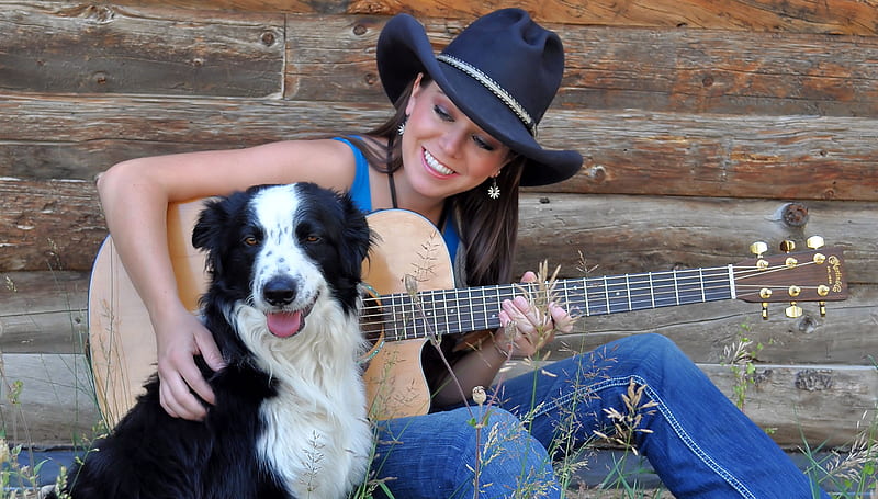 Entertain A Friend. ., cowgirl, boots, outdoors, women, brunettes, Carin Mari, girls, dog, puppy, hats, female, ranch, music, fun, country, guitar, western, style, HD wallpaper