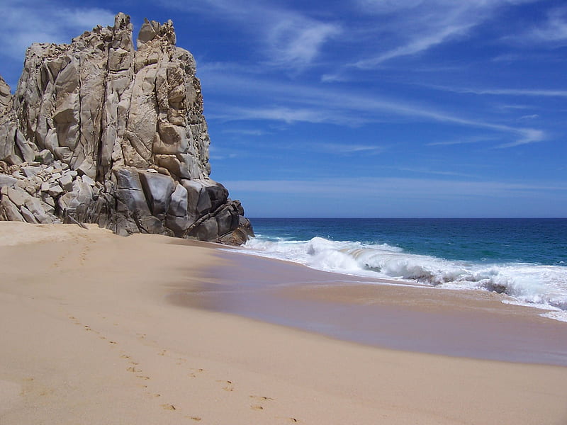 Cabo San Lucas, rock, waves, sky, clouds, sea, beach, calm, sand, nature, outcropping, blue, HD wallpaper