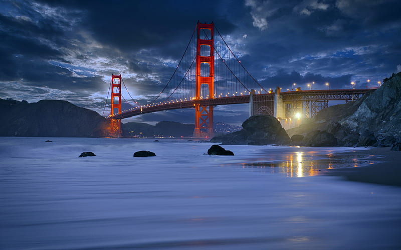 San Francisco, Golden Gate Bridge, Marshall Beach, evening, sunset, beautiful bridge, landmark, California, USA, HD wallpaper
