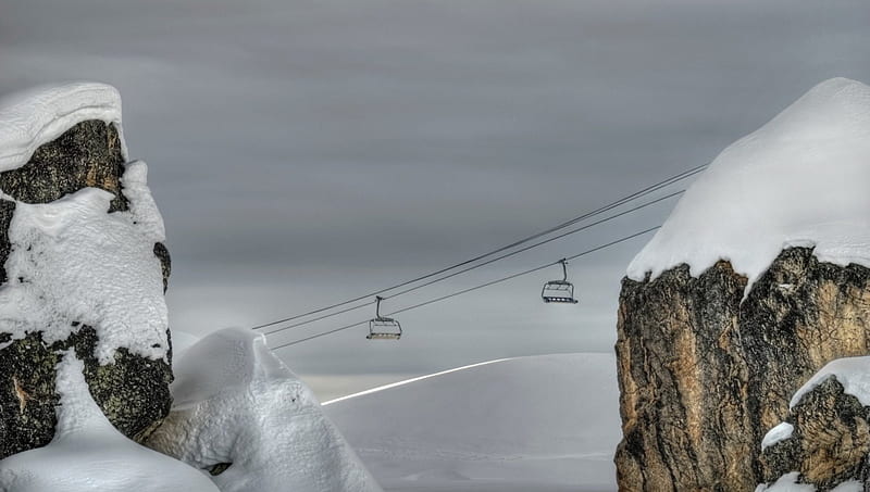 ski lift passing between two boulders, cable, boulders, lift, ski, winter, HD wallpaper