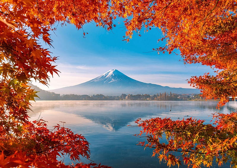 Fuji, mountain, red, water, autumn, toamna, lake, blue, leaf, HD wallpaper