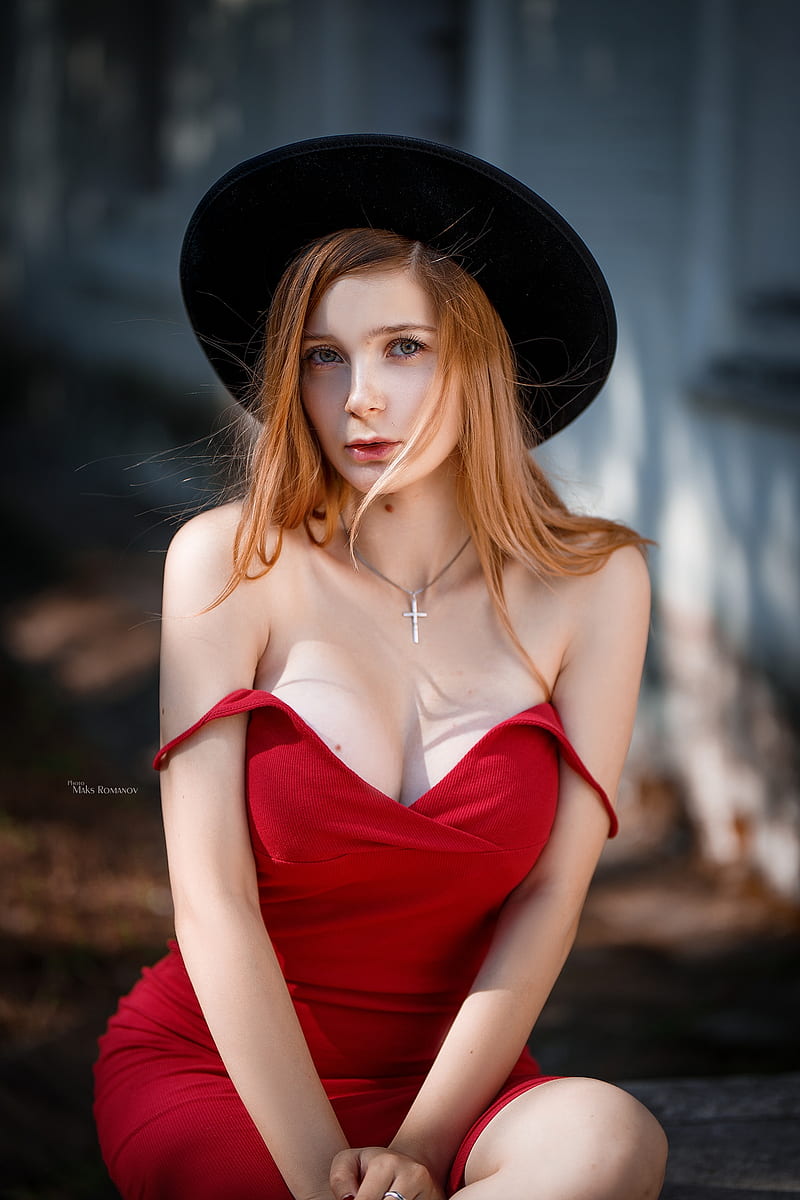 women, model, hair in face, outdoors, depth of field, looking at viewer, necklace, women with hats, hat, bare shoulders, cleavage, dress, red dress, sitting, portrait display, women outdoors, Maksim Romanov, Katia Skrobot, Katia, crucifix necklace, HD phone wallpaper
