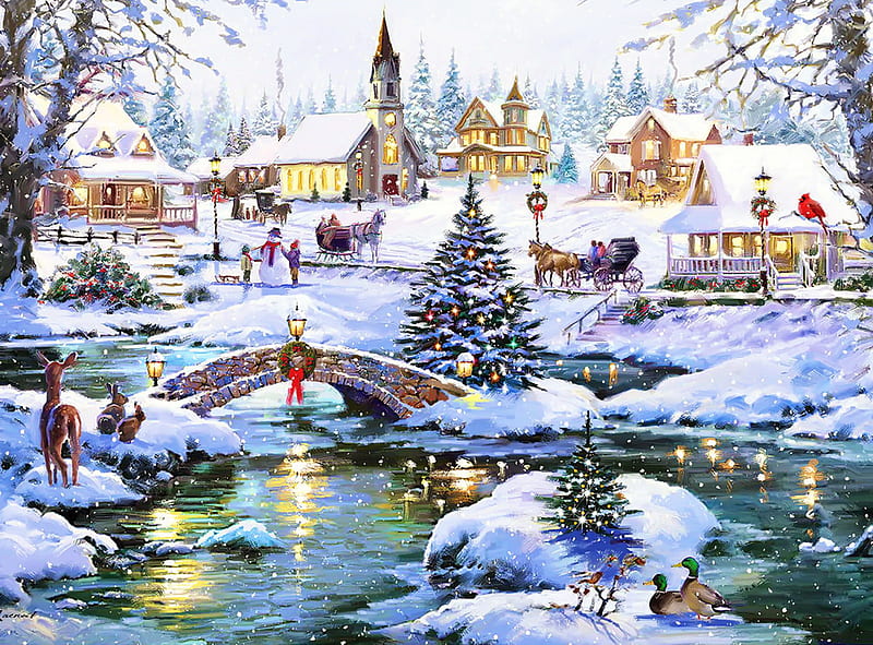 Icy lights, art, christmas, houses, fun, bonito, joy, winter, lights, pond, bridge, snow, village, ice, reflection, kids, HD wallpaper