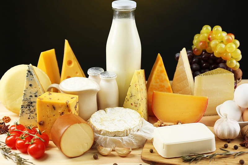 Dairy Products, delicious, food, fruit, grape, cheese, spice, milk, garlic, vegetables, cream, HD wallpaper