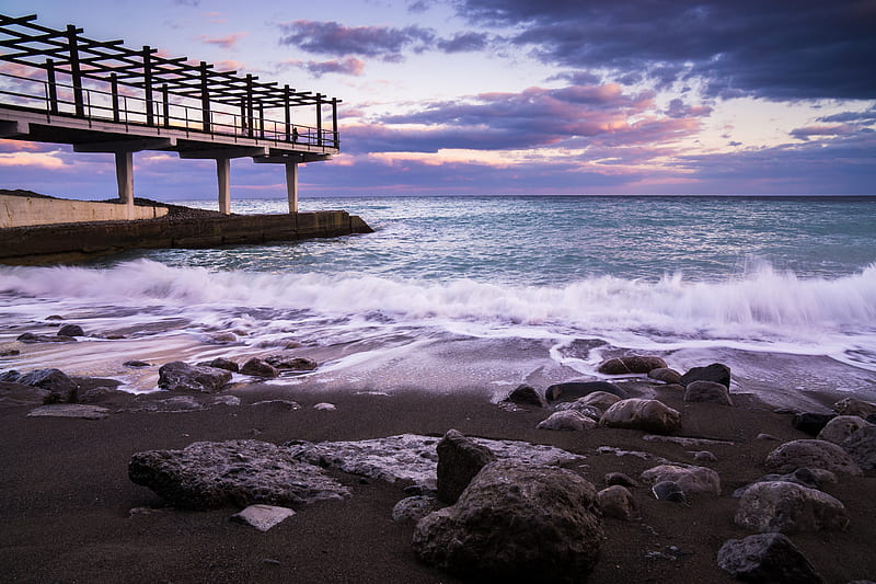 Dawn at a beach, graphy, dawn, structure, pier, nature, wooden, rocks, excellence, beach, HD wallpaper