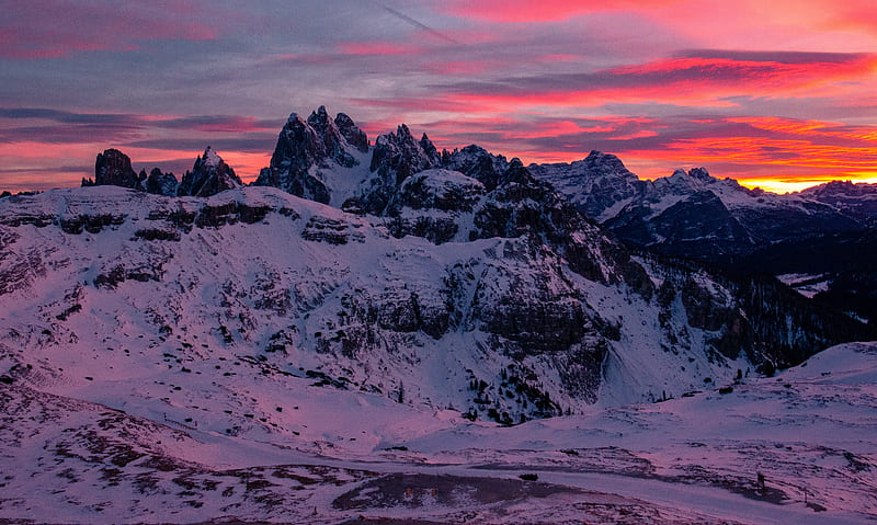 mountain, snow, peaks, sunset, tre cime di lavaredo, mountain range, HD wallpaper
