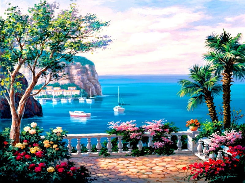 Costa del Sol, boats, houses, painting, trees, artwork, terrace, sea, HD wallpaper