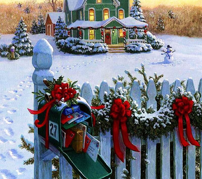 Christmas Morning, red, house, christmas, bonito, ribbons, trees, abstract, mails, winter, garland, snow, mailbox, HD wallpaper