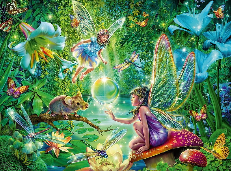 Fairies, luminos, green, girl, mouse, mushroom, blue, fairy, fantasy, lily, flower, HD wallpaper