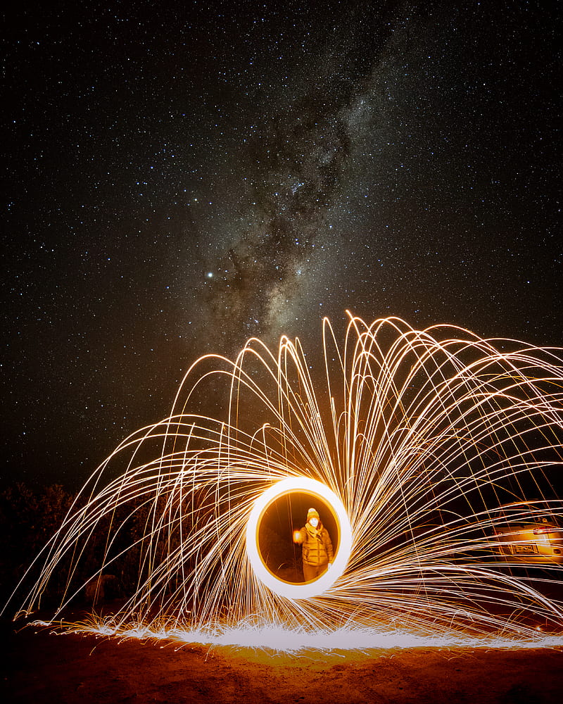 long exposure, Milky Way, fireworks, light painting, landscape, Tasmania, steel wool, HD phone wallpaper
