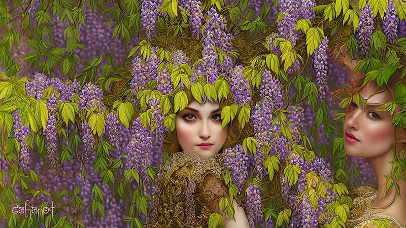 Wisteria nymphs, girl, cehenot, superb, summer, wisteria, fantasy, flower, green, couple, face, wreath, vara, nymph, by cehenot, frumusete, gorgeous, purple, pink, lilac, HD wallpaper