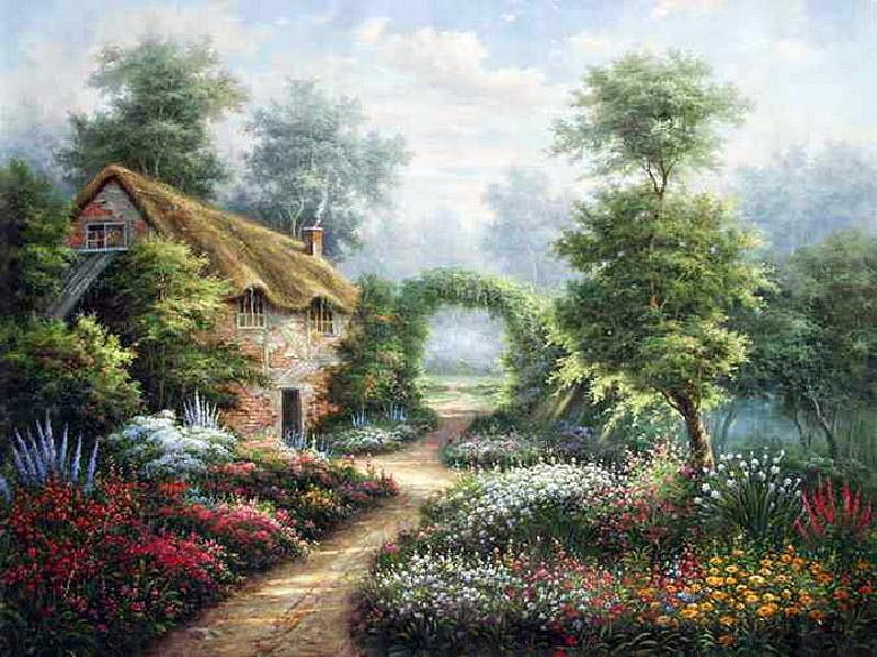 Archway Lane, art, cottage, trees, door, windows, arch, painting, garden, glowers, lane, trellis, chimney, HD wallpaper