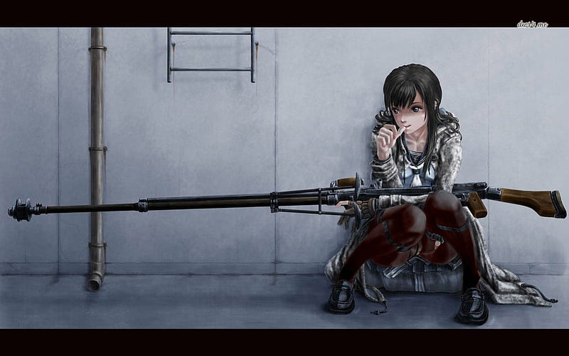 anime, anime girls, sniper rifle, weapon, rifles, gun, Black