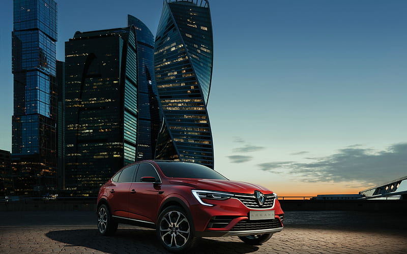 Renault Arkana, 2018, Moscow City, skyscrapers, new crossover coupe, new red Arkana, Moscow, Russia, French cars, Renault, HD wallpaper