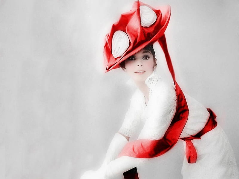 Audrey Hepburn, pretty, actress, red hat, skinny, white dress, HD wallpaper