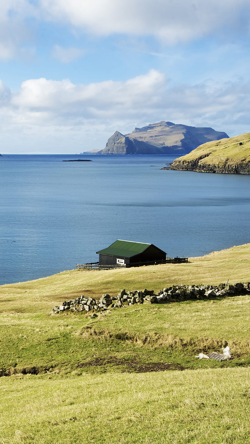 Faroe Island 5, Bomb, awesome, cabin, cool, dark, faroe island, field, grass, house, hut, iceland, mountain, natural, nature, nordic, norway, ocean, grapher, HD phone wallpaper