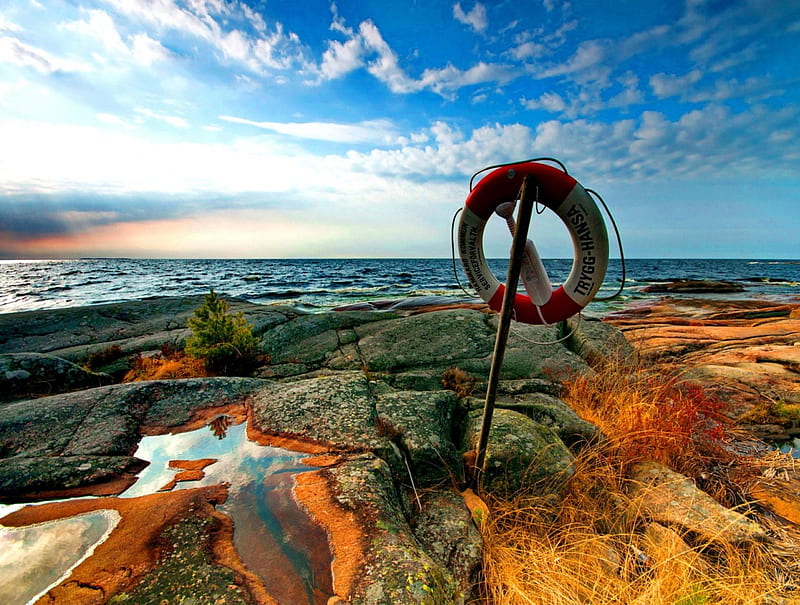 Sea symbol, rocks, shore, grass, buoy, ocean, sky, clouds, sea, beach, stones, water, symbol, nature, seascape, HD wallpaper