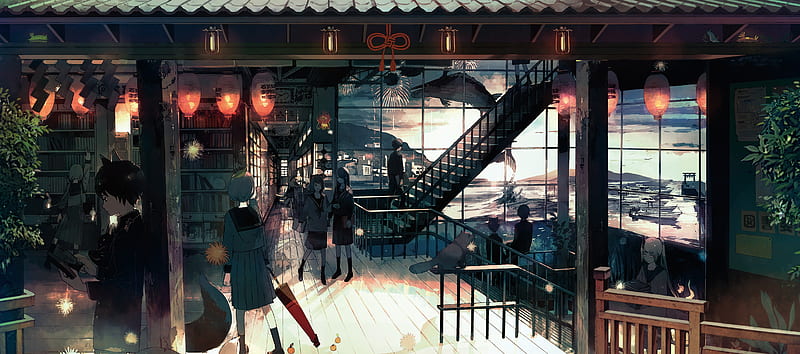anime girls, stairs, school uniform, animal ears, underwater city, Anime, HD wallpaper