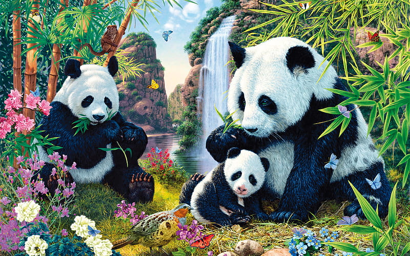 pandas, mother and cub, art, cute animals, Panda Valley, small panda, Ailuropoda, HD wallpaper