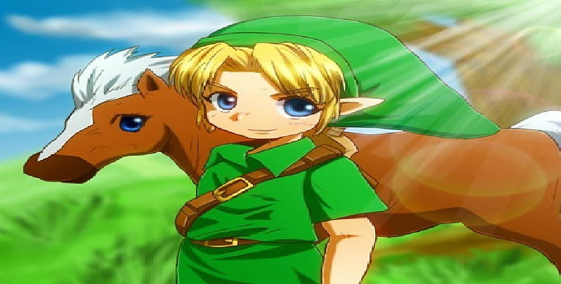 Young Link And Epona, sun, grass, epona, video games, young link, sky, clouds, tree, air, HD wallpaper