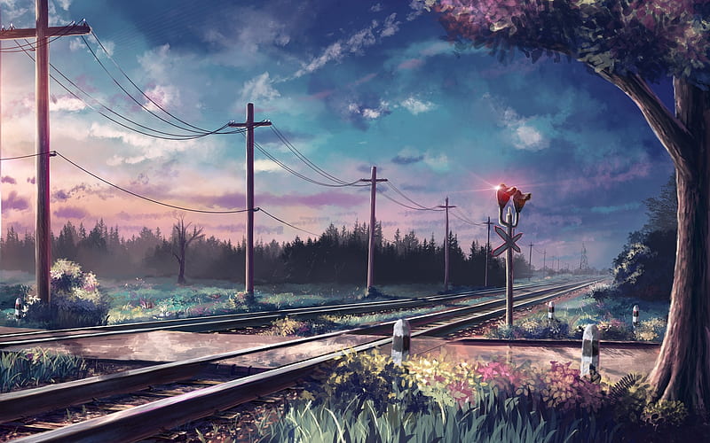 anime landscape, railway, clouds, scenic, tree, Anime, HD wallpaper