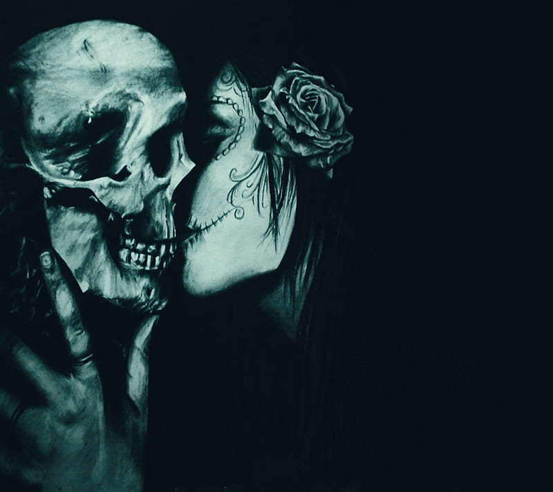 Kiss the Death, love, skull, girl, skeleton, HD wallpaper
