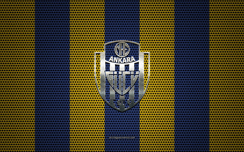 Ankaragucu logo, Turkish football club, metal emblem, yellow-blue metal mesh background, Super Lig, MKE Ankaragucu, Turkish Super League, Ankara, Turkey, football, HD wallpaper