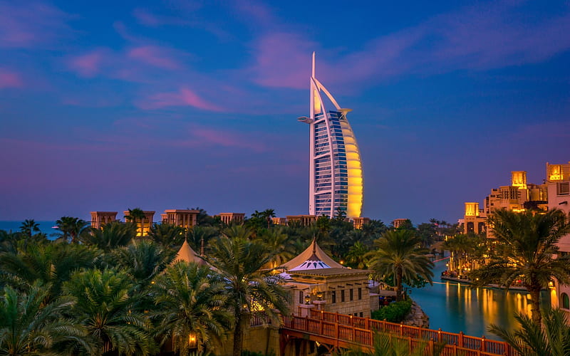 Burj al Arab, Dubai, sunset, evening, luxury hotel, palm trees, UAE, HD wallpaper