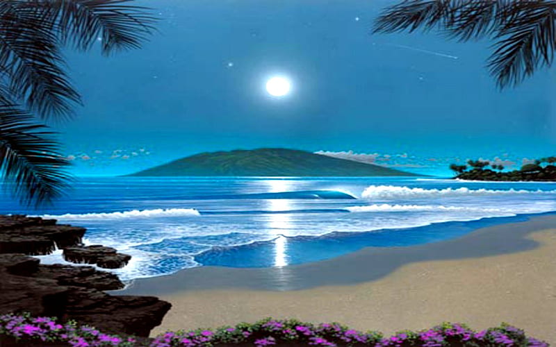 WAILEA MOONRISE, mountain, beach, moonrise, ocean, blue, HD wallpaper