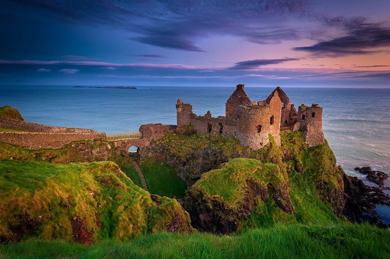 Dunluce Castle, Northern Ireland, ruin, clouds, hill, sea, landscape, HD wallpaper