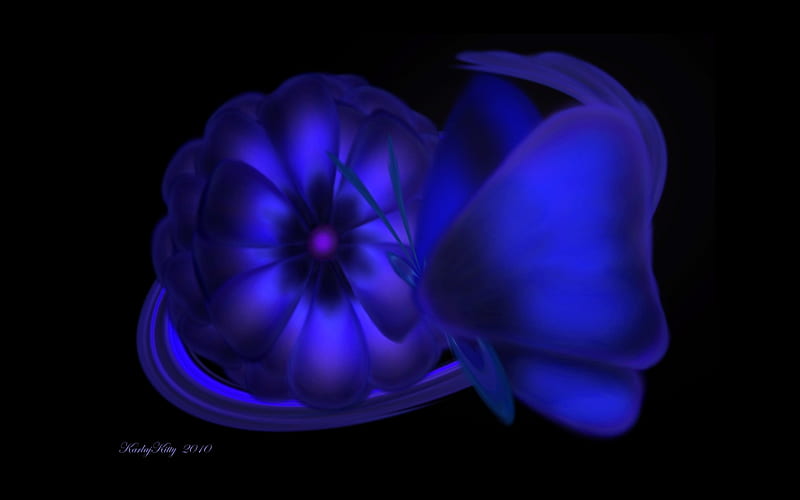 Blue Dreams, airbrush, paint, cg, digital painting, black, abstract, butterfly, dark, painting, digital, flower, color, pink, blue, HD wallpaper