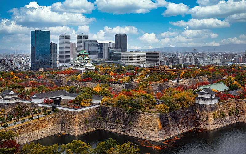 Osaka Castle, japan, Osaka Castle Park, Osaka, autumn, skyscrapers, japanese castle, Osaka cityscape, HD wallpaper