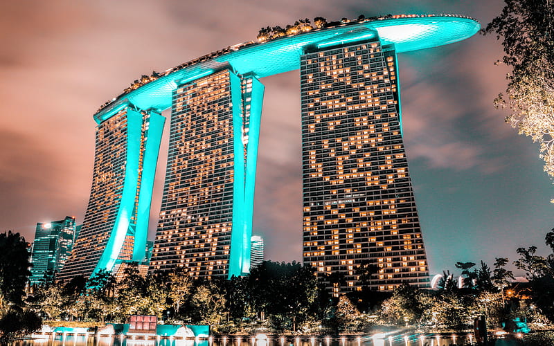 Marina Bay Sands Hotel, Singapore, luxury hotel, evening, night, city lights, Marina Bay Sands, HD wallpaper