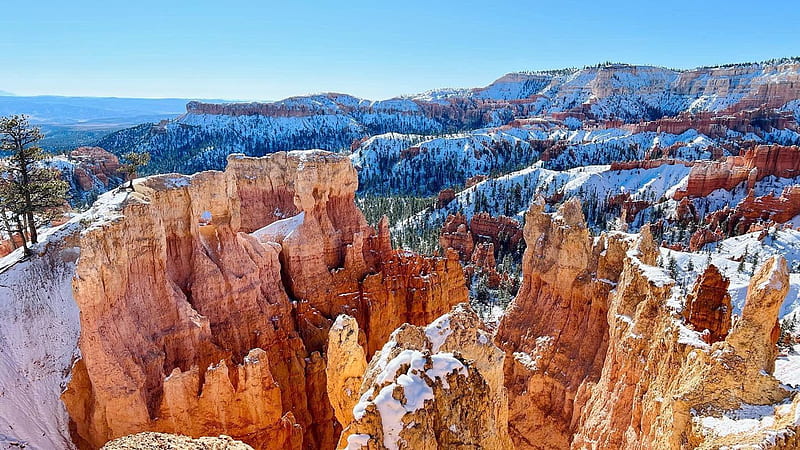 Bryce Canyon, Utah, covered in a layer of snow, landscape, sky, rocks, usa, HD wallpaper